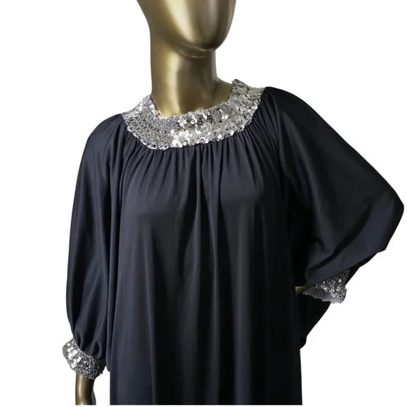 Vintage GLAM 70s Caftan Sequin Trimmed Maxi Dress 1970s Lounge Wear S-M-L - Picture 4 of 11